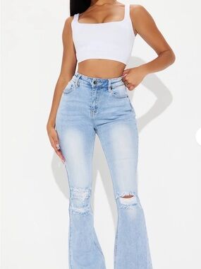 Fashion Nova Light Blue High-Rise Distressed Flare Jeans